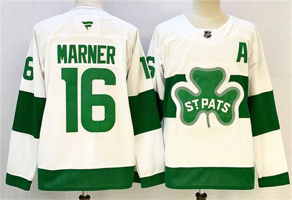 Men%27s Toronto Maple Leafs #16 Mitchell Marner White Green 2024-25 With A Patch Stitched Jersey